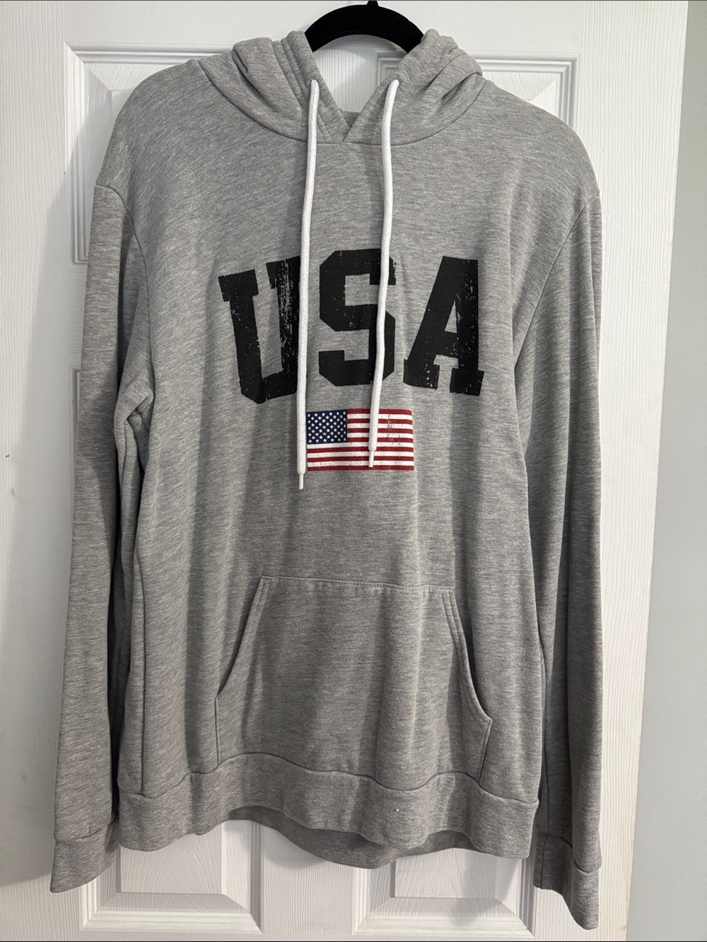 Red White and Blue Gray Hooded Sweatshirt with USA and Flag Graphic